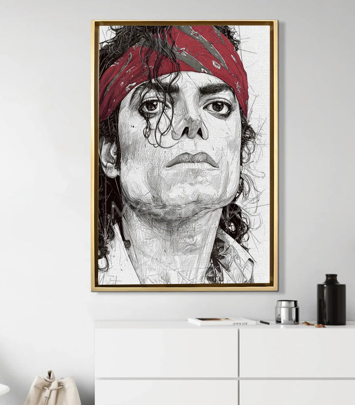 Mise en situation tableau portrait Michael Jackson en décoration intérieur minimaliste — Massinart