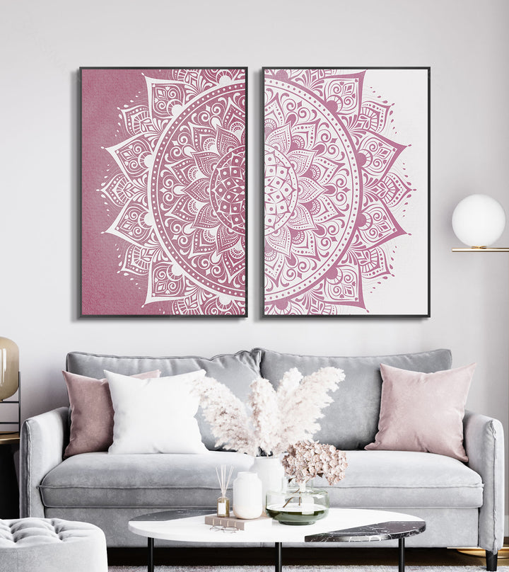 Mise en situation salon moderne tableau mandala rose Massinart
