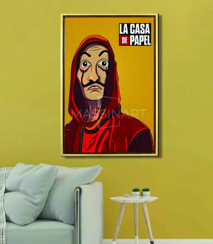 Tableau La Casa de Papel mise en situation salon moderne jaune Massinart