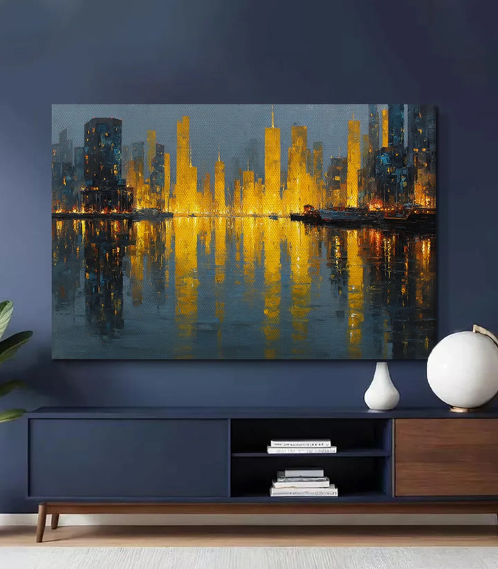 Mise en situation chambre contemporaine avec tableau skyline Massinart