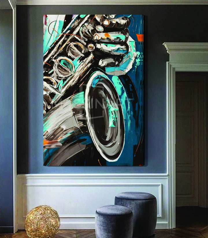 Tableau saxophone jazz Massinart — détail peinture expressionniste bleu turquoise