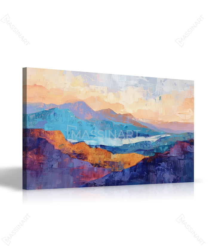 Détail tableau montagneux Ebullience palette colorée bleu orange Massinart