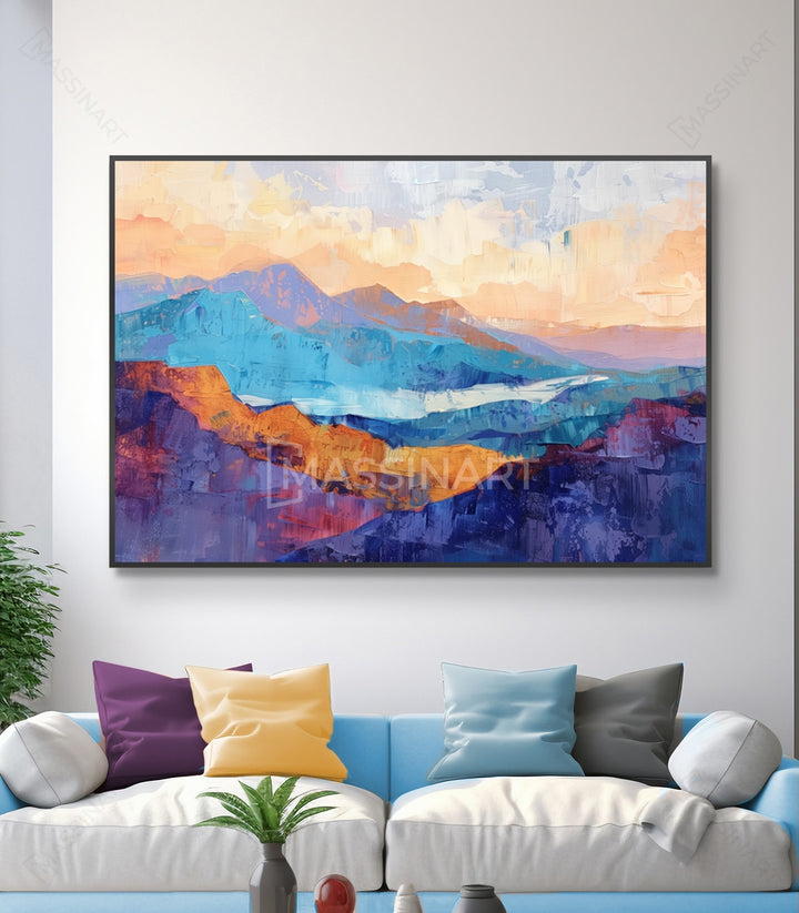 Mise en situation salon moderne tableau paysage montagneux Ebullience Massinart
