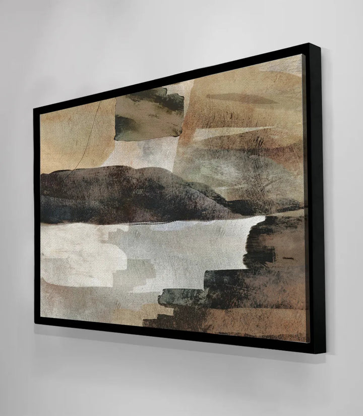 Tableau décoration moderne salon, paysage abstrait blanc marron beige, cadre noir Massinart