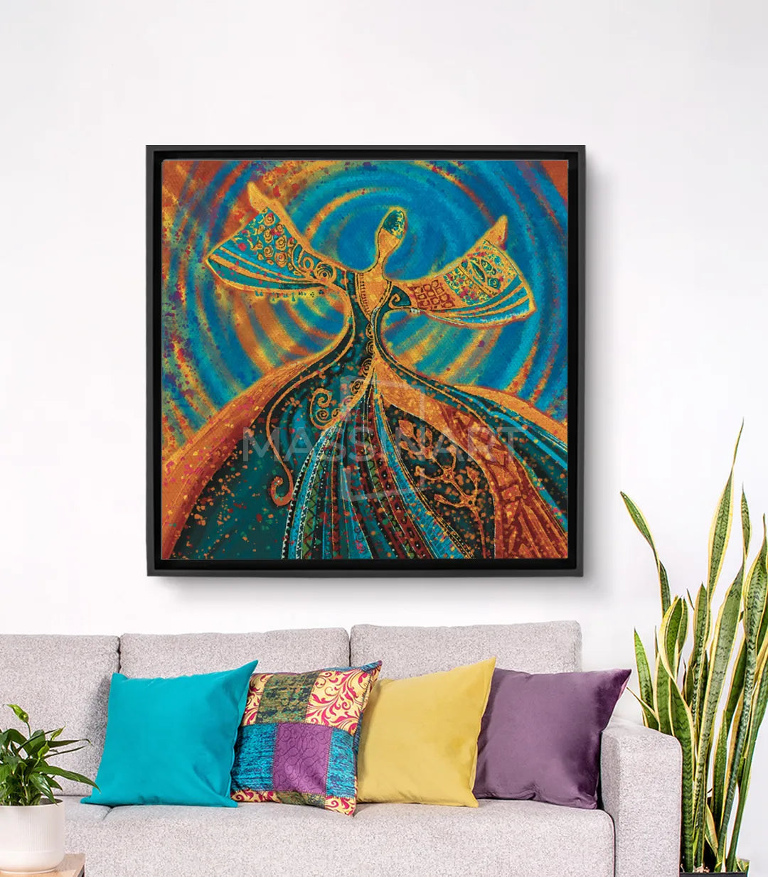 Tableau Derviche Tourneuse — figure spirituelle dorée en rotation sur fond bleu et orange Massinart