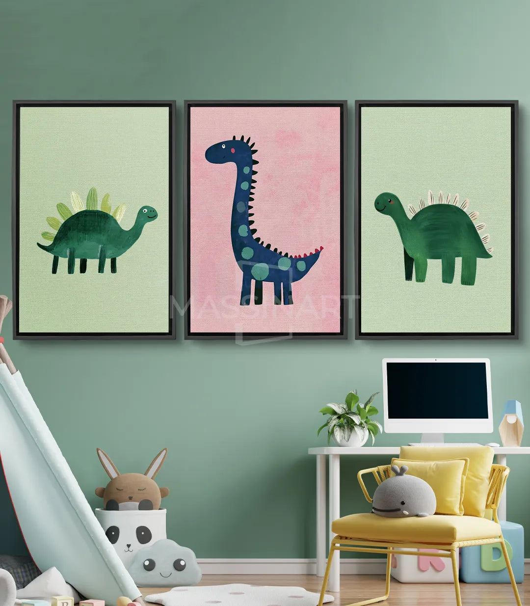 Tableau dinosaure stégosaure vert sauge fond clair Massinart
