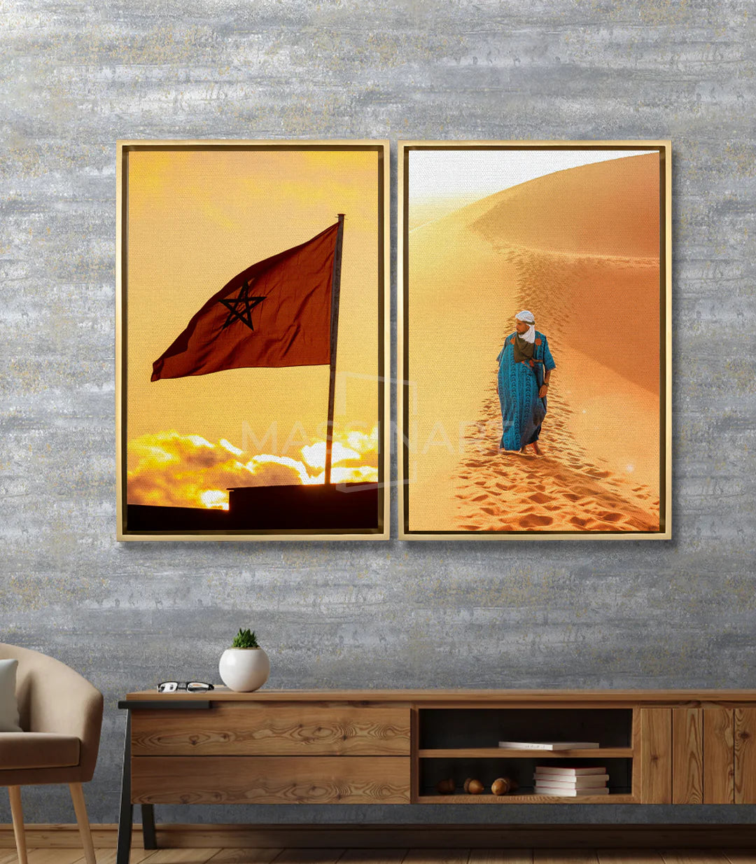 Tableau drapeau marocain sunset doré — mise en situation salon moderne Massinart