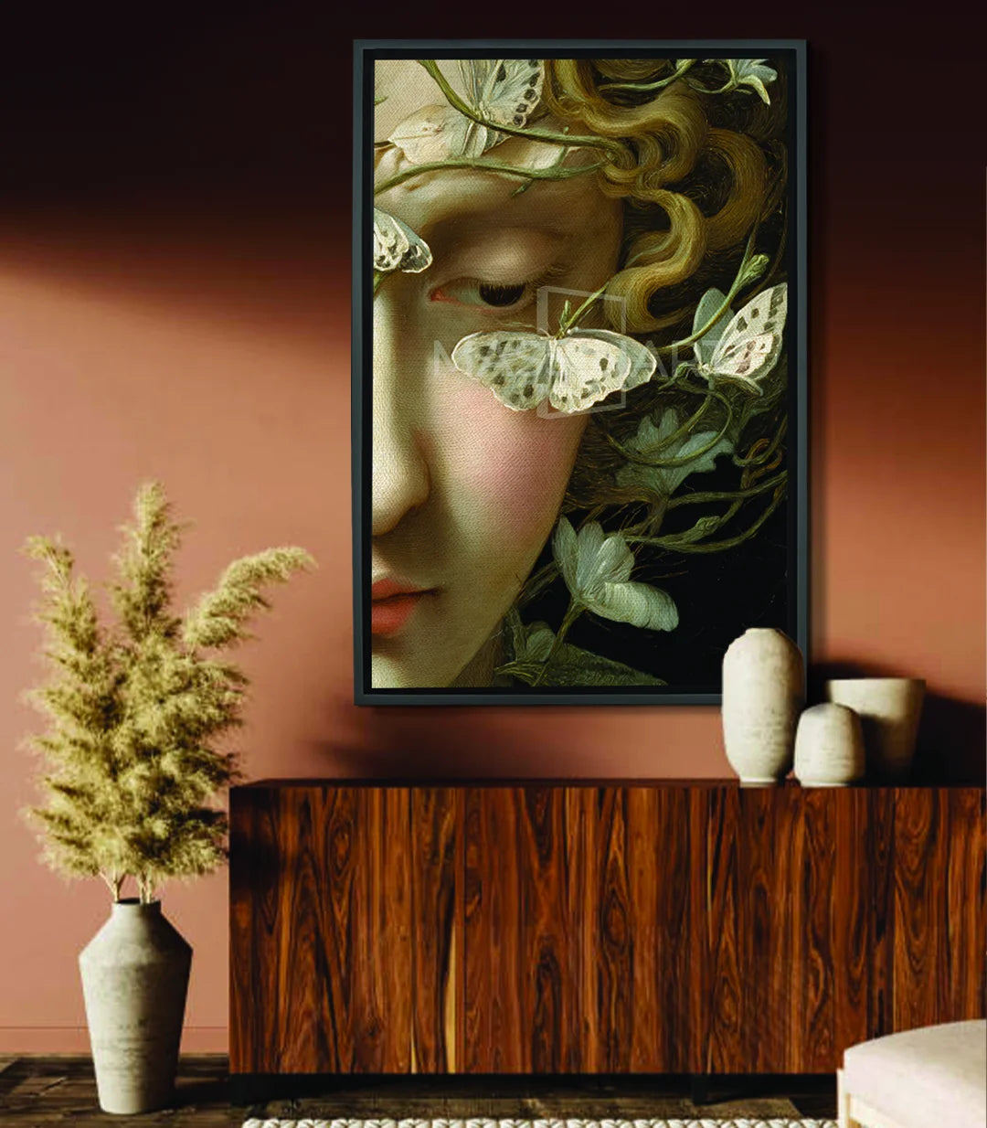Tableau Dream Gaze portrait femme papillons Massinart — visage profil yeux clos papillons blancs flore verte