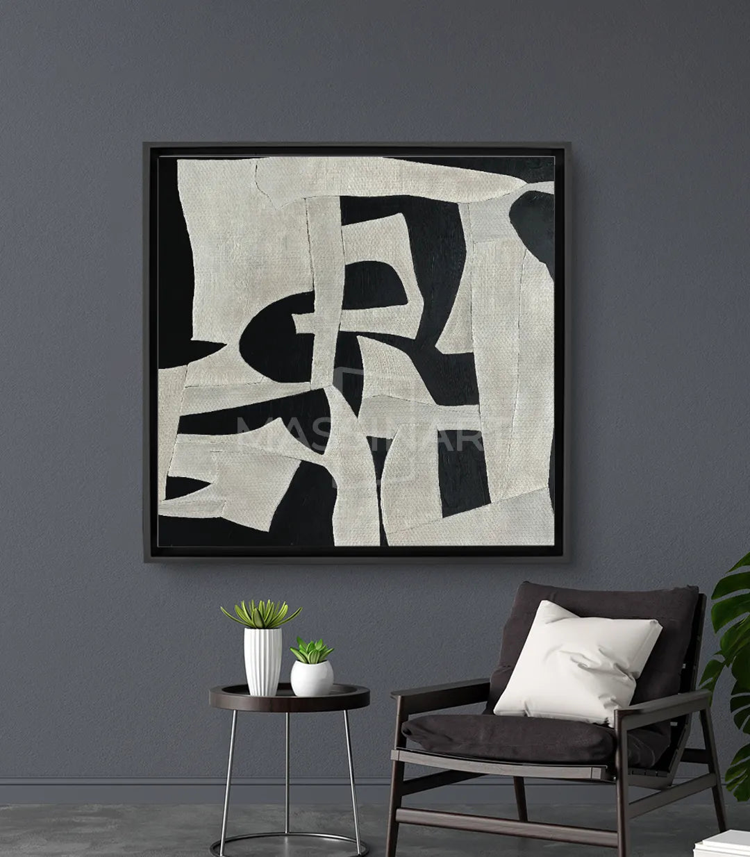 Tableau Duality abstrait carré, formes géométriques noir et blanc Massinart