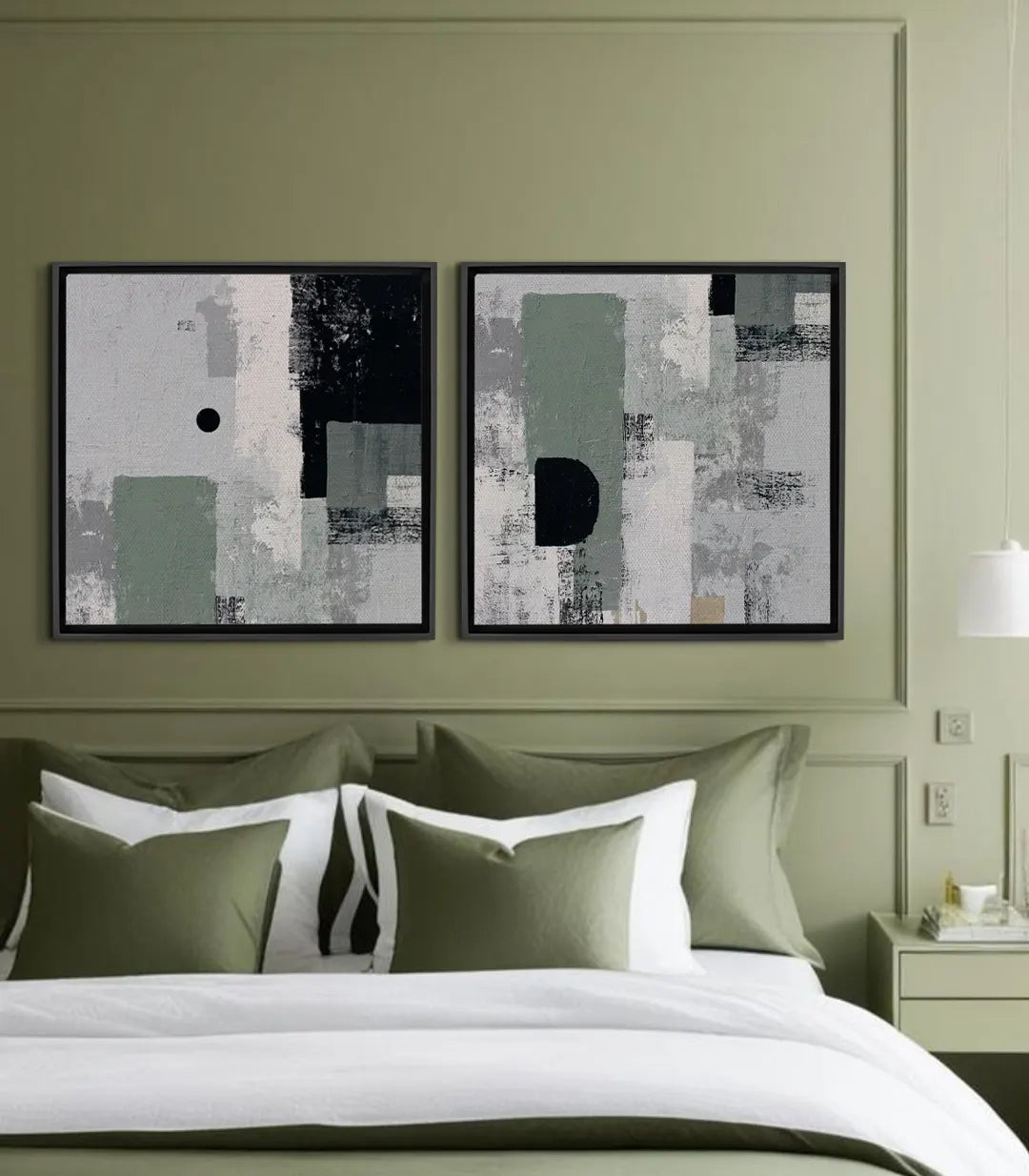 Tableau Eclipse diptyque abstrait — formes géométriques gris blanc vert Massinart