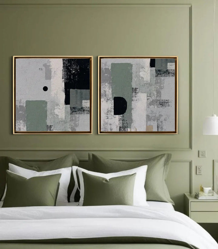 Tableau Eclipse mis en situation chambre moderne palette vert-sauge Massinart
