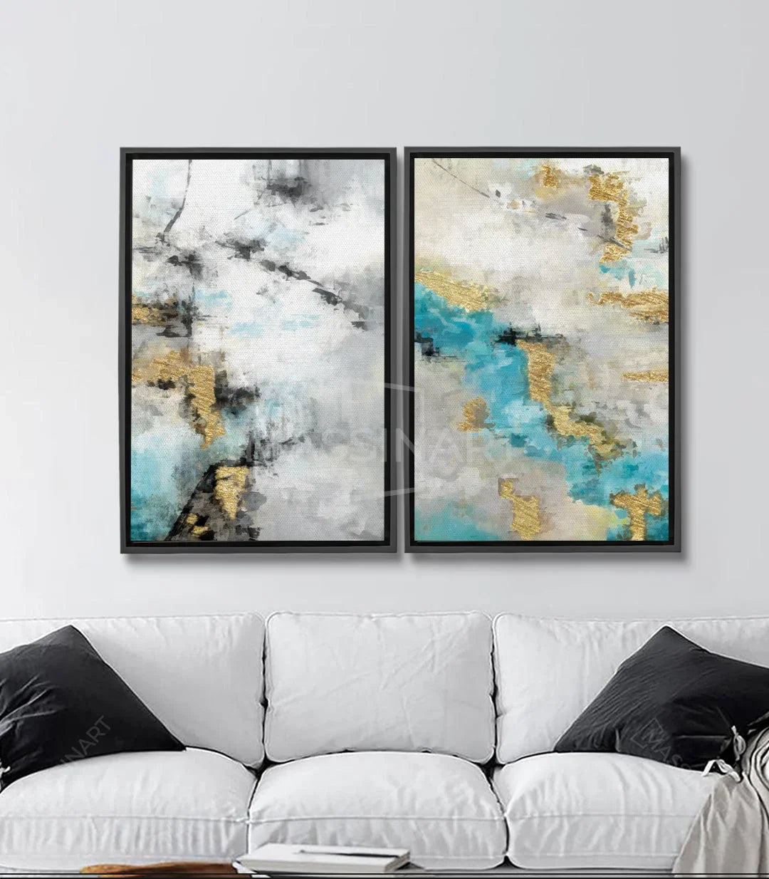Tableau Electric Dreams diptyque abstrait avec bleu turquoise, gris et détails dorés - Massinart