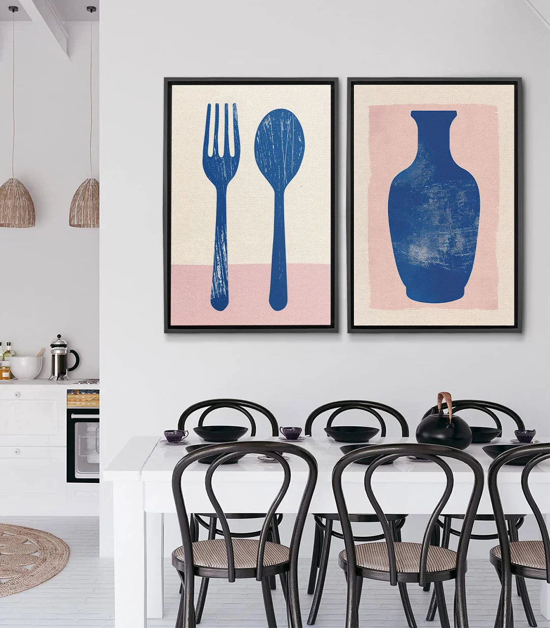 Tableau Elegant Essentials diptyque — fourchette et cuillère bleu sur fond rose poudré, style minimaliste Massinart