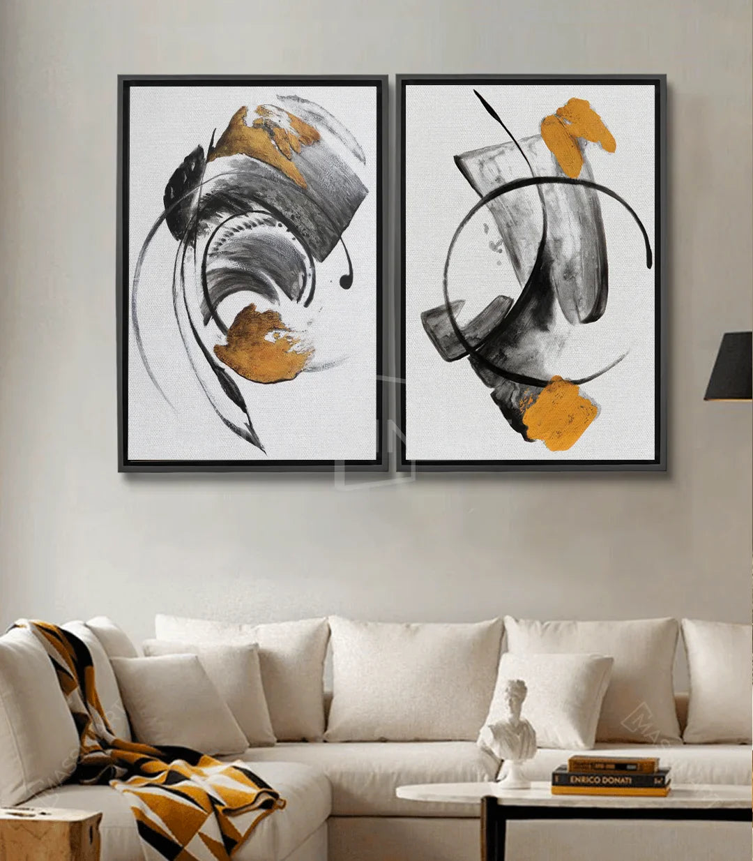 Tableau Énergie abstrait diptyque — formes circulaires noir, blanc et or Massinart