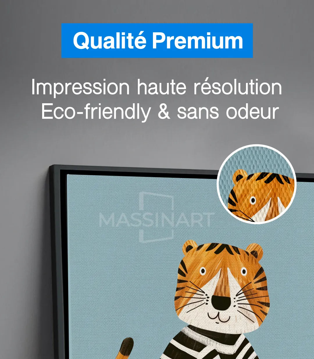 Tableau enfant Tiger Ride détail tigre aux lunettes caractère amusant Massinart