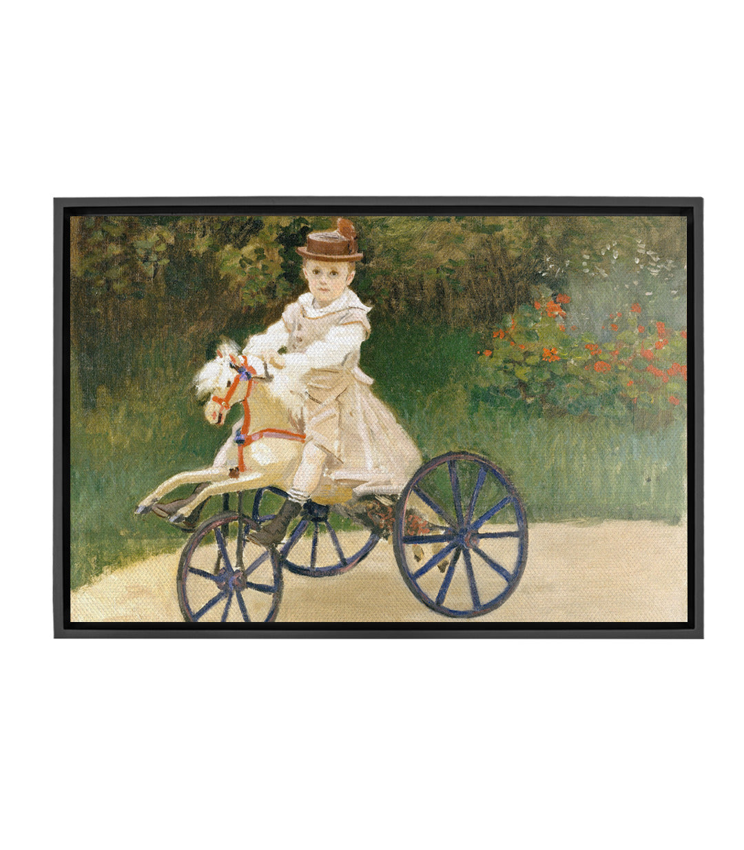 Tableau enfant tricycle blanc et bleu, jardin fleuri, tons verts et rouges — Massinart