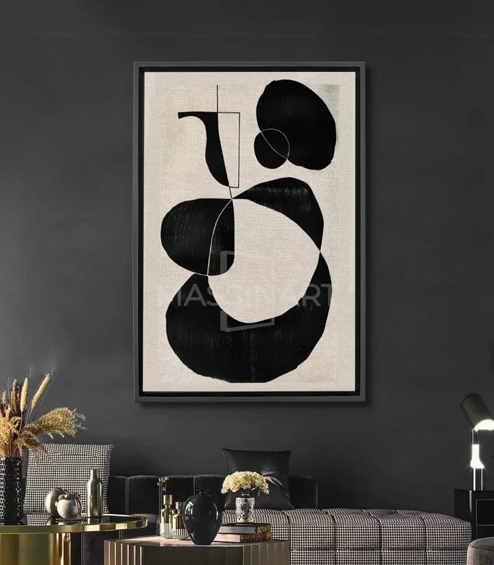 Tableau Enigma abstrait vertical noir et blanc Massinart — formes géométriques minimalistes