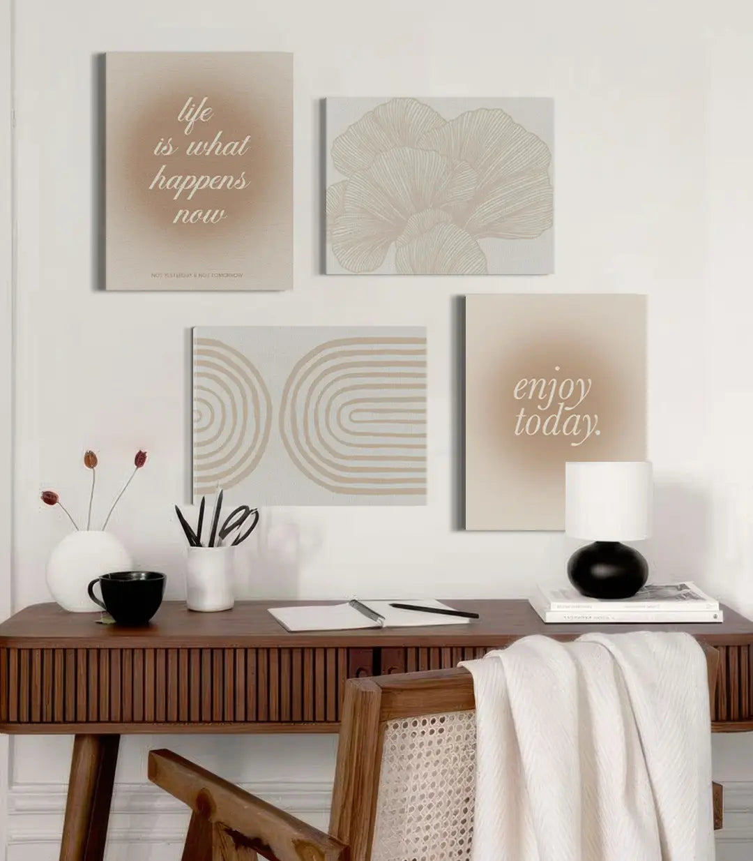 Tableau Enjoy Today citation beige doré Massinart — typographie minimaliste inspirante