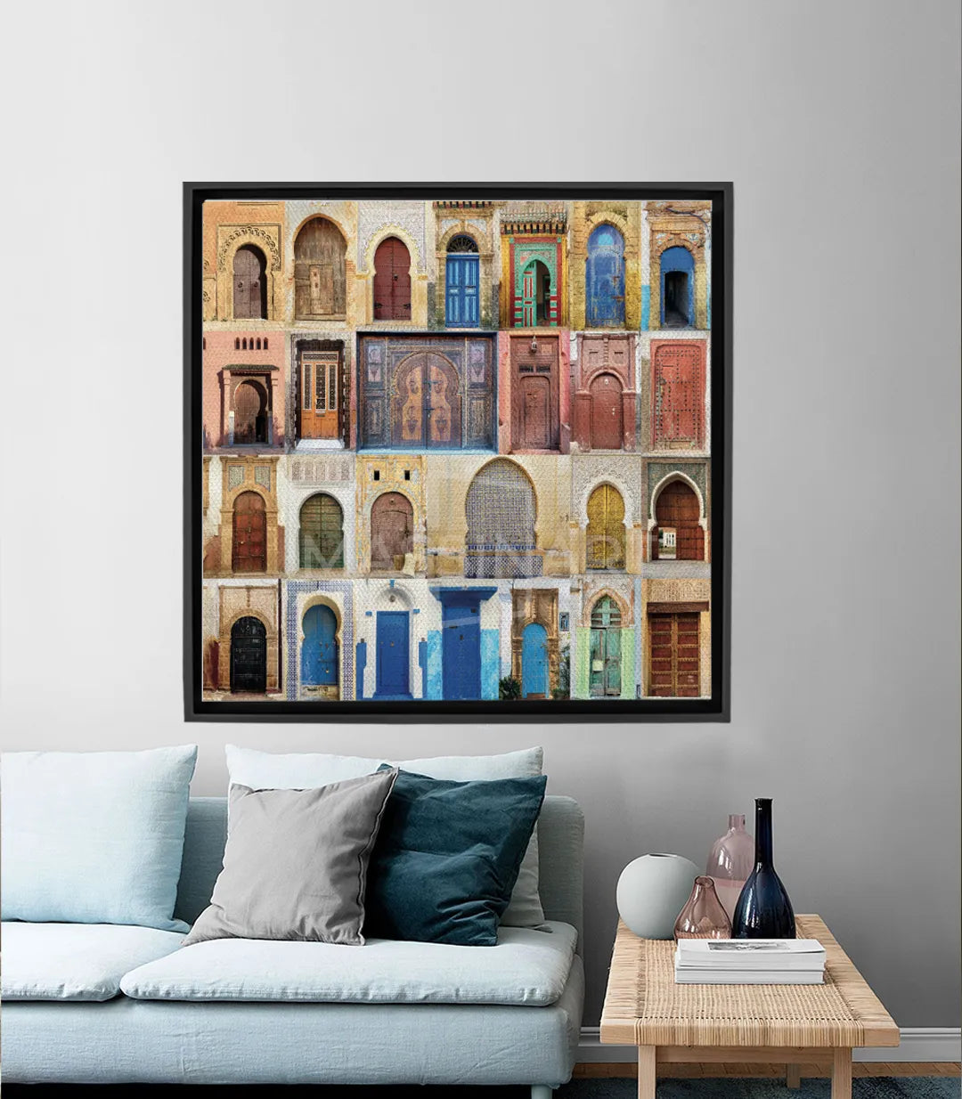 Tableau Entrées du Maroc — collage de 28 portes marocaines multicolores, teintes ocre bleu et vert — Massinart