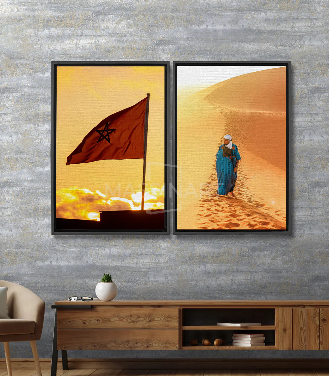 Tableau Essahra diptyque — drapeau marocain et femme désert Massinart