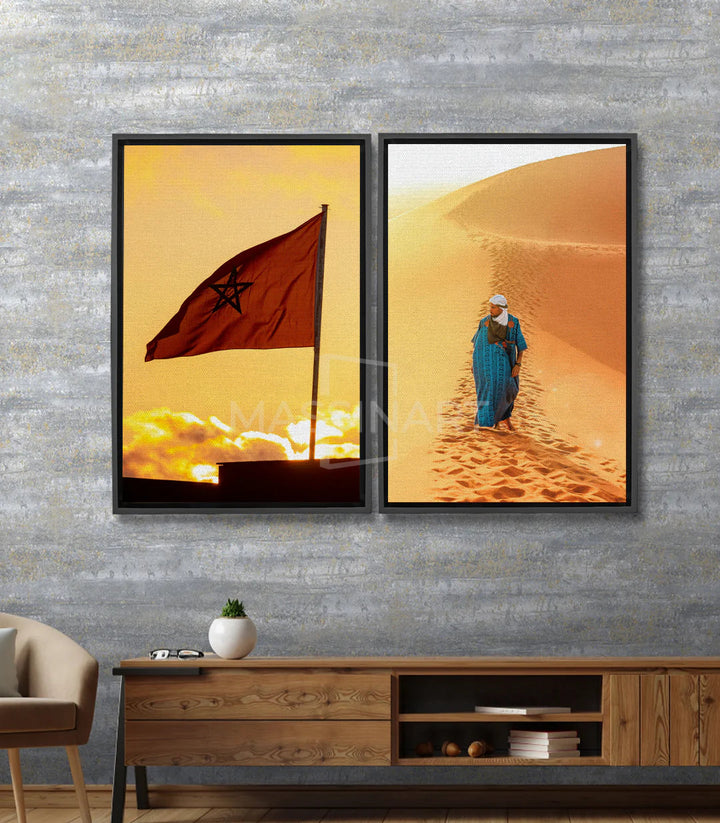 Tableau Essahra diptyque — drapeau marocain et femme désert Massinart