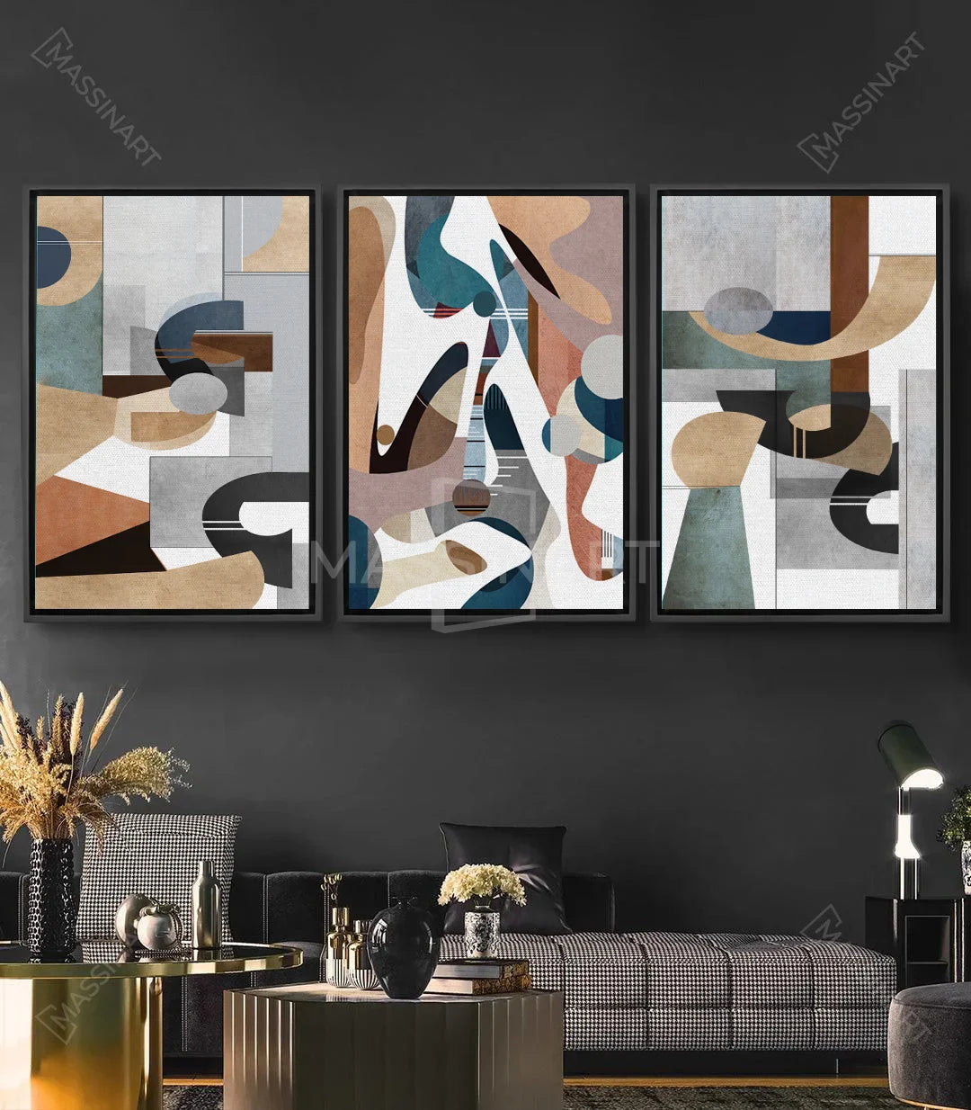 Tableau Eternity panneau gauche - composition abstraite géométrique beige bleu gris Massinart