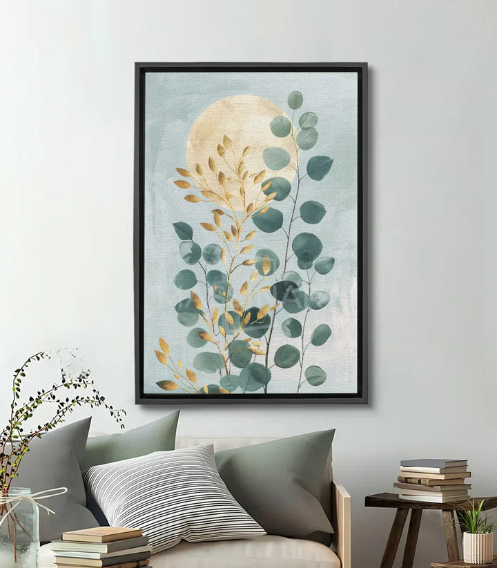 Tableau eucalyptus lune dorée Massinart — feuilles vertes et or sur fond bleu ciel