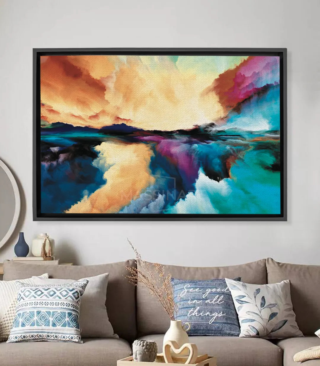 Tableau Explosion Art paysage abstrait coloré, dégradés bleu turquoise jaune orange mauve — Massinart