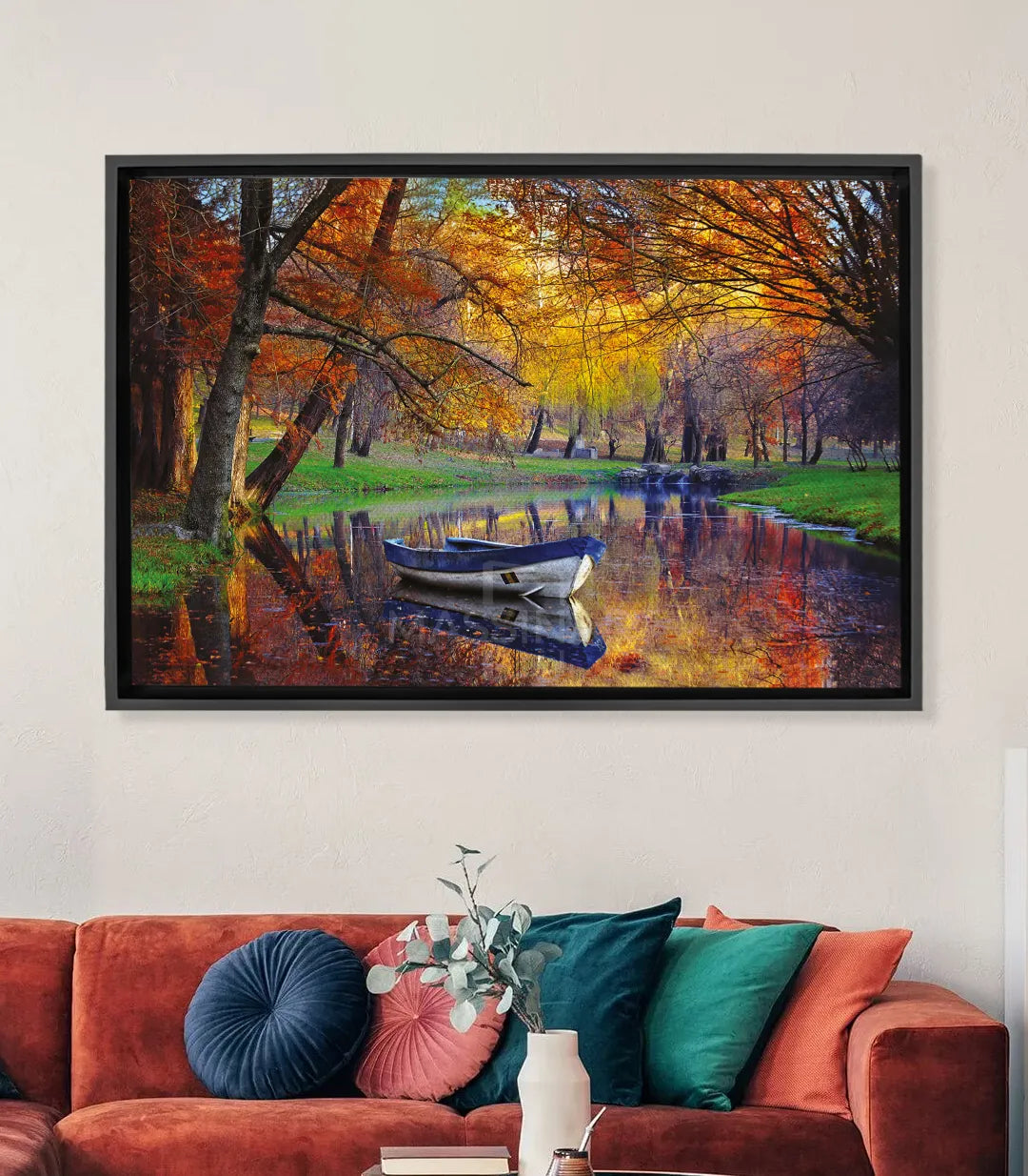 Tableau Fall Massinart — Barque automne reflets dorés sur rivière paisible