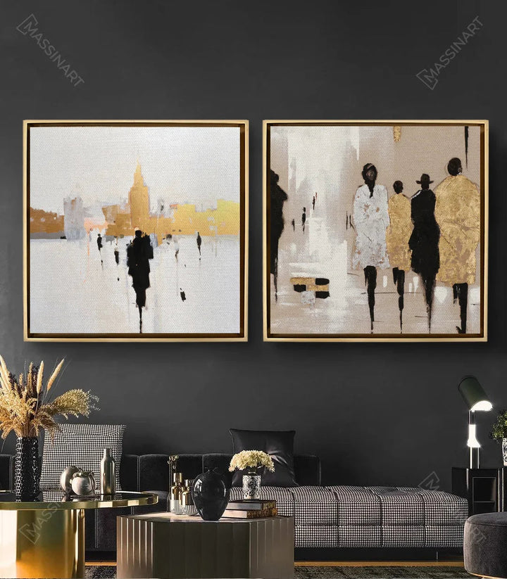 Tableau Fashion Show diptyque volet droit — femmes en tenue fashion beige et doré Massinart