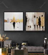 Tableau Fashion Show diptyque volet gauche — silhouettes noires sur fond urbain doré Massinart
