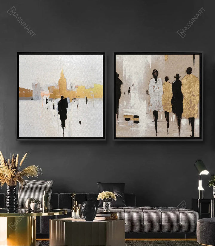 Tableau Fashion Show diptyque volet gauche — silhouettes noires sur fond urbain doré Massinart