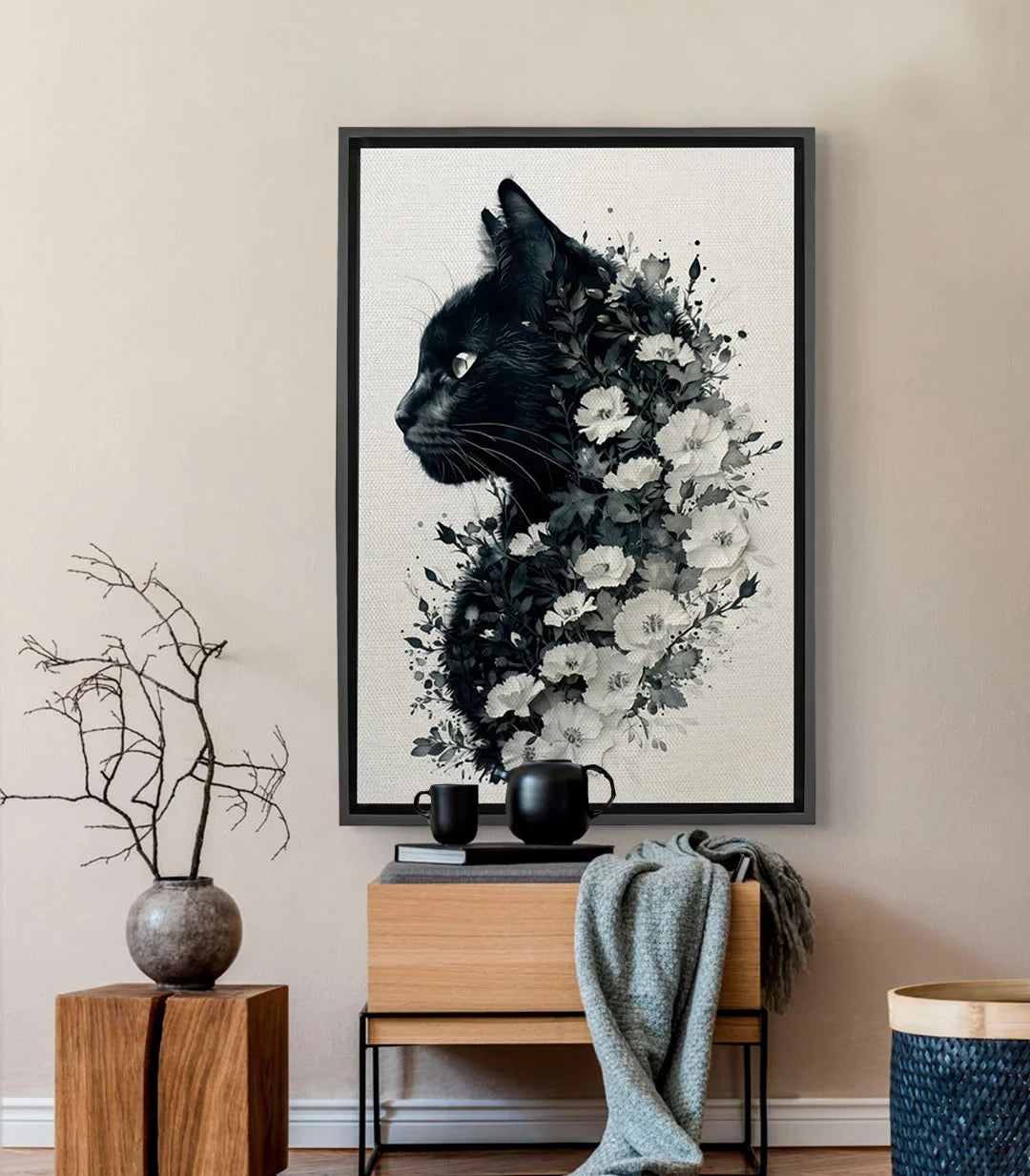 Tableau Feline Blossom chat noir avec fleurs blanches dispersées Massinart