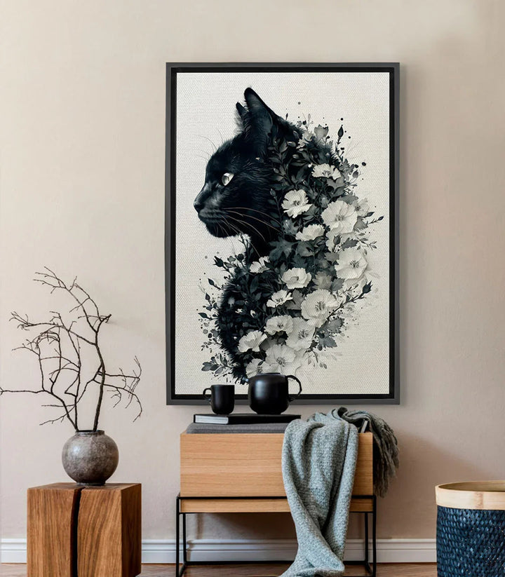Tableau Feline Blossom chat noir avec fleurs blanches dispersées Massinart