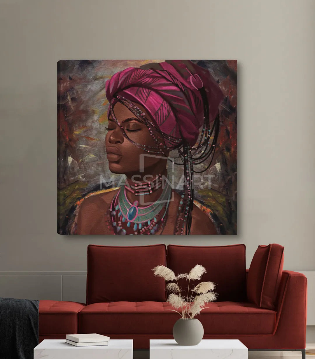 Tableau femme africaine couleurs chaudes, ambiance séjour élégant Massinart