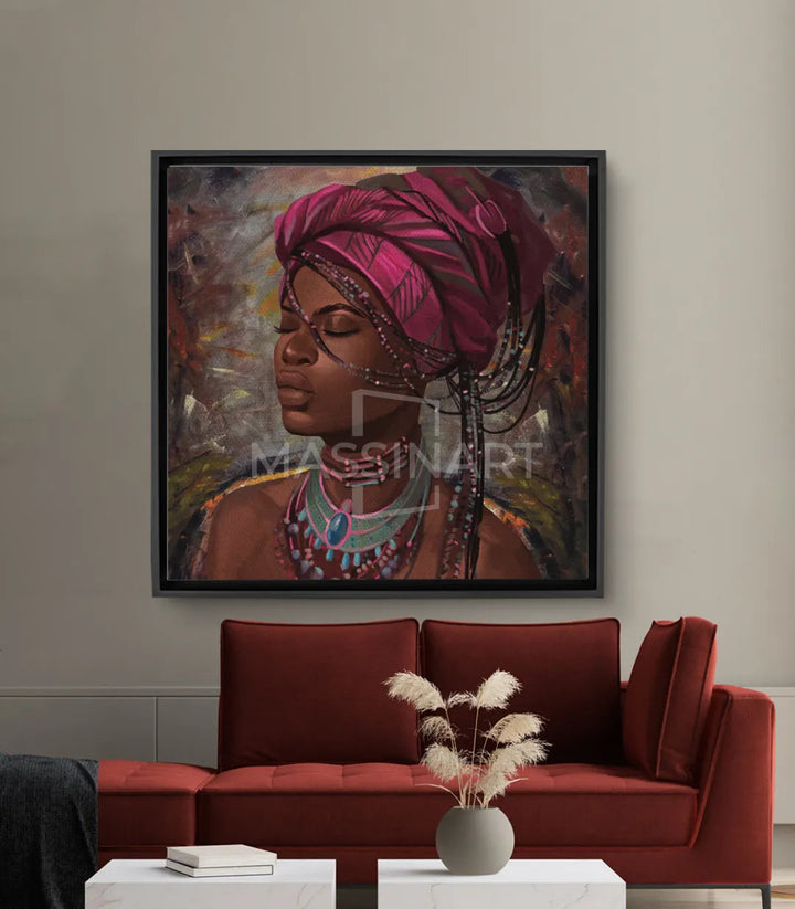 Tableau femme africaine turban rose avec bijoux ethniques Massinart