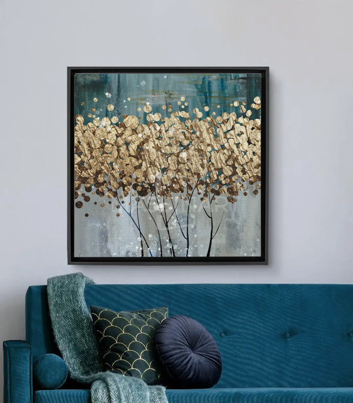 Tableau Feuilles d'or Massinart — fleurs dorées cascade et branches noires sur fond bleu-gris