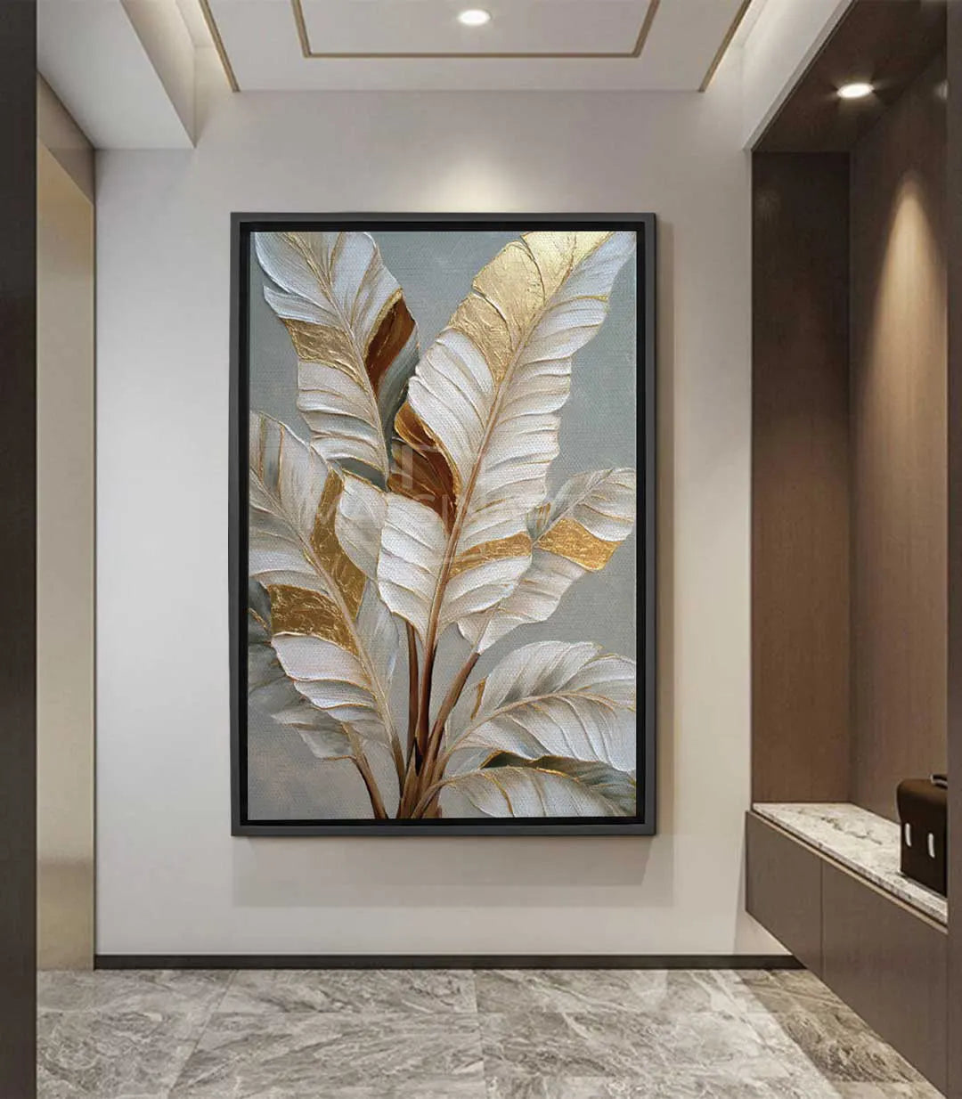 Tableau feuilles dorées blanches texturées sur fond gris bleu Massinart