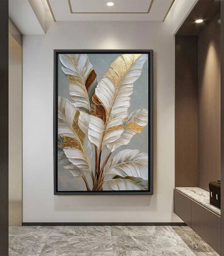 Tableau feuilles dorées blanches texturées sur fond gris bleu Massinart