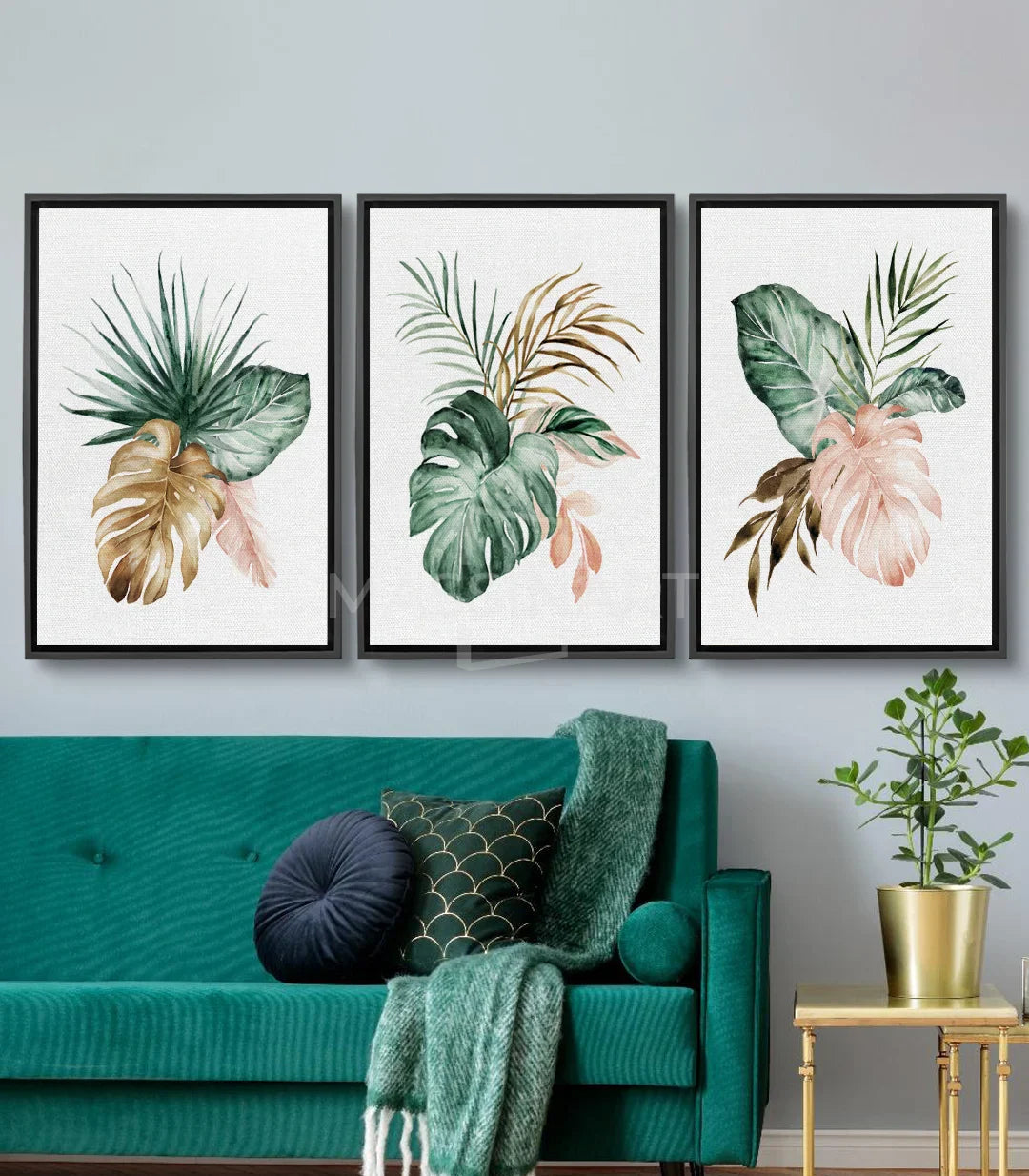 Tableau feuilles monstera et fleur rose aquarelle Massinart