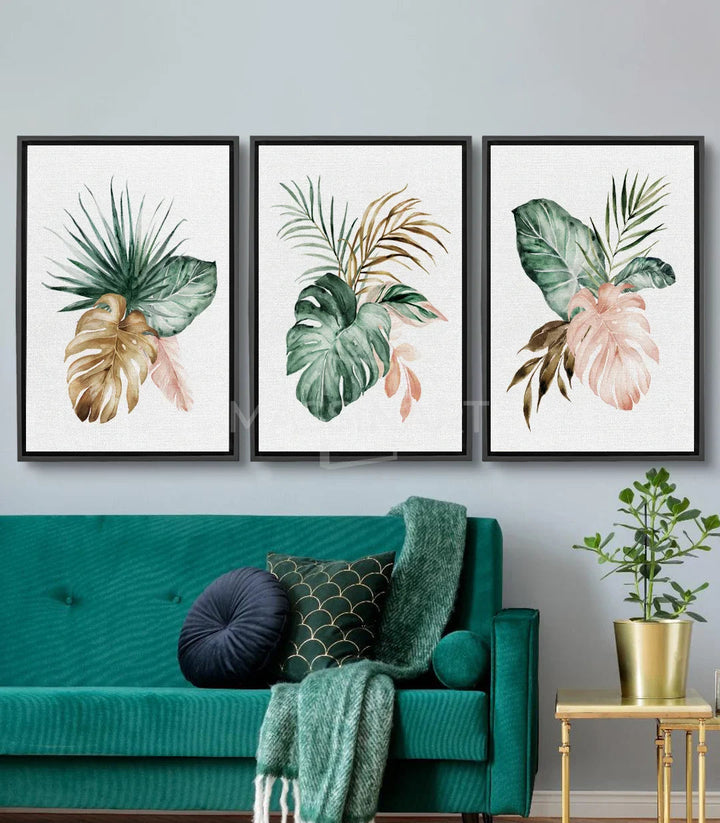 Tableau feuilles monstera et fleur rose aquarelle Massinart