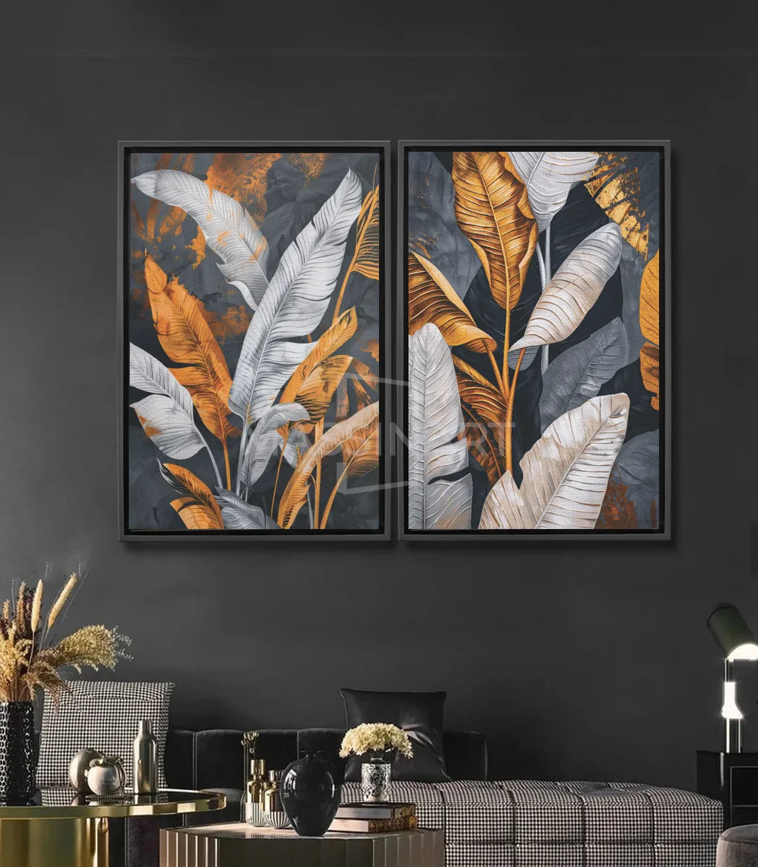 Tableau feuilles tropicales blanc et doré sur fond noir — Massinart
