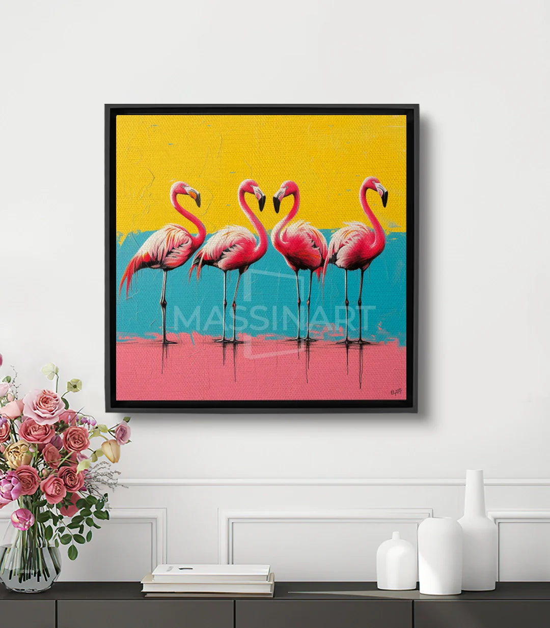 Tableau Flamingo Quartet — quatre flamants roses sur fond jaune et turquoise, style pop-art Massinart