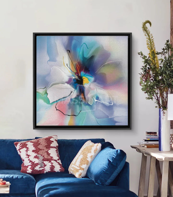 Tableau fleur abstraite aquarelle, pétales blanc bleu turquoise rose, cœur jaune doré Massinart