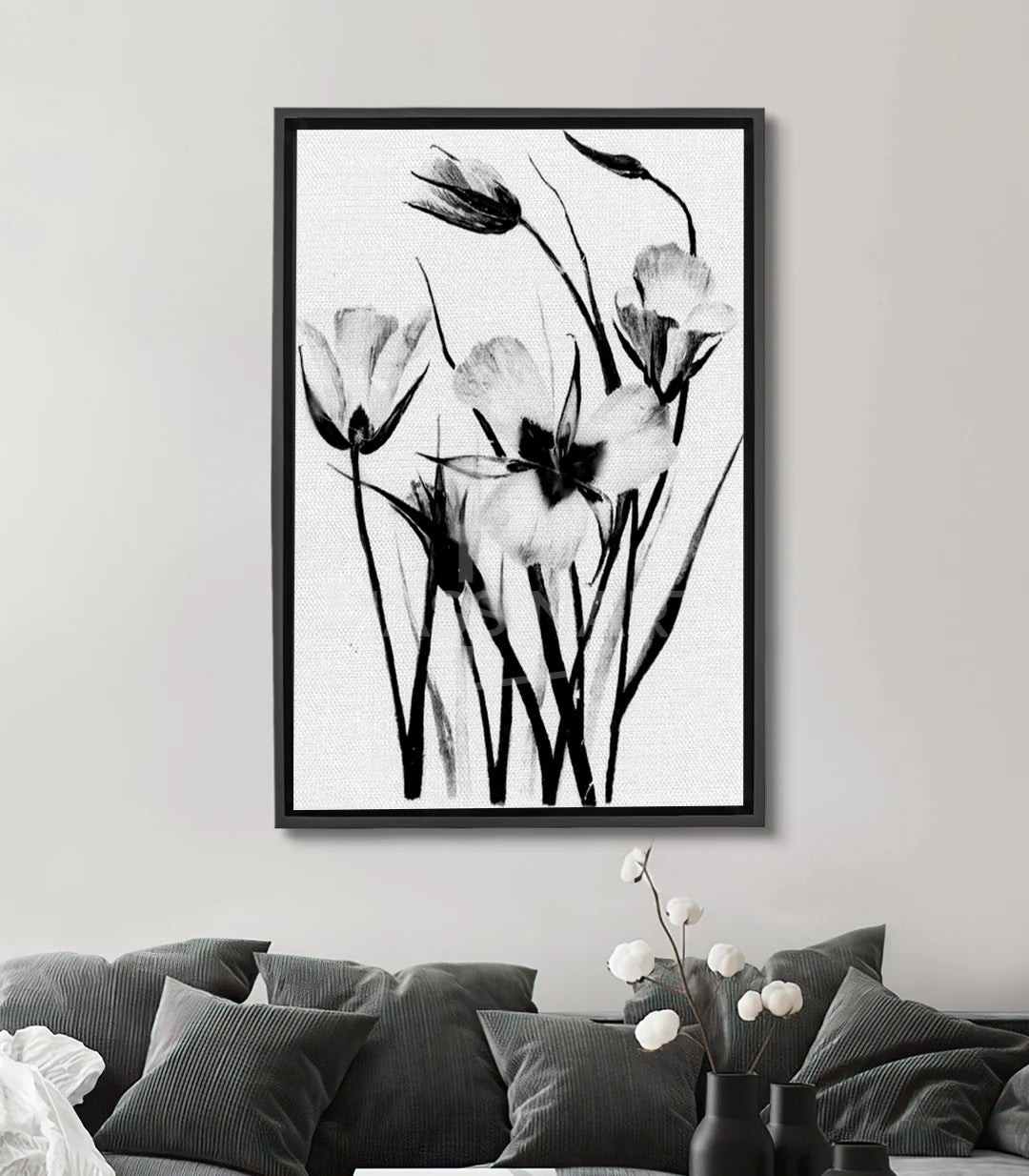 Tableau fleurs délicates noir et blanc Massinart — pétales épurés sur fond clair