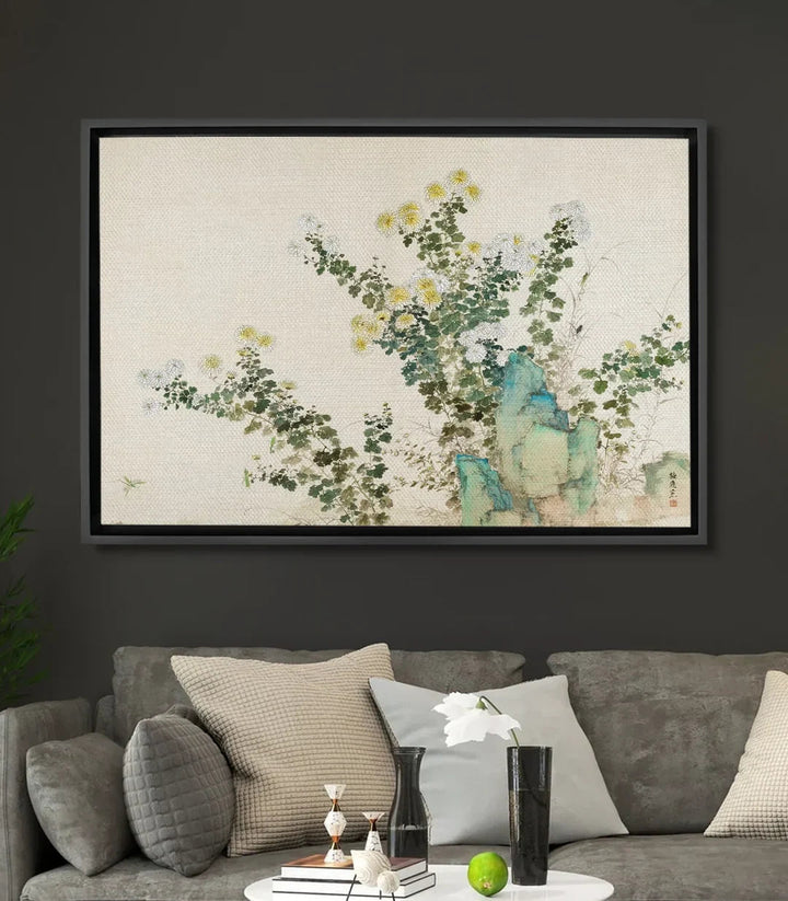 Tableau Flourish Massinart — fleurs sauvages et plantes vertes sur fond beige avec roches turquoise
