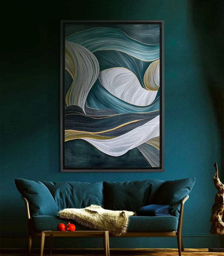 Tableau Flowing Drift Massinart — abstraction fluide vert blanc doré