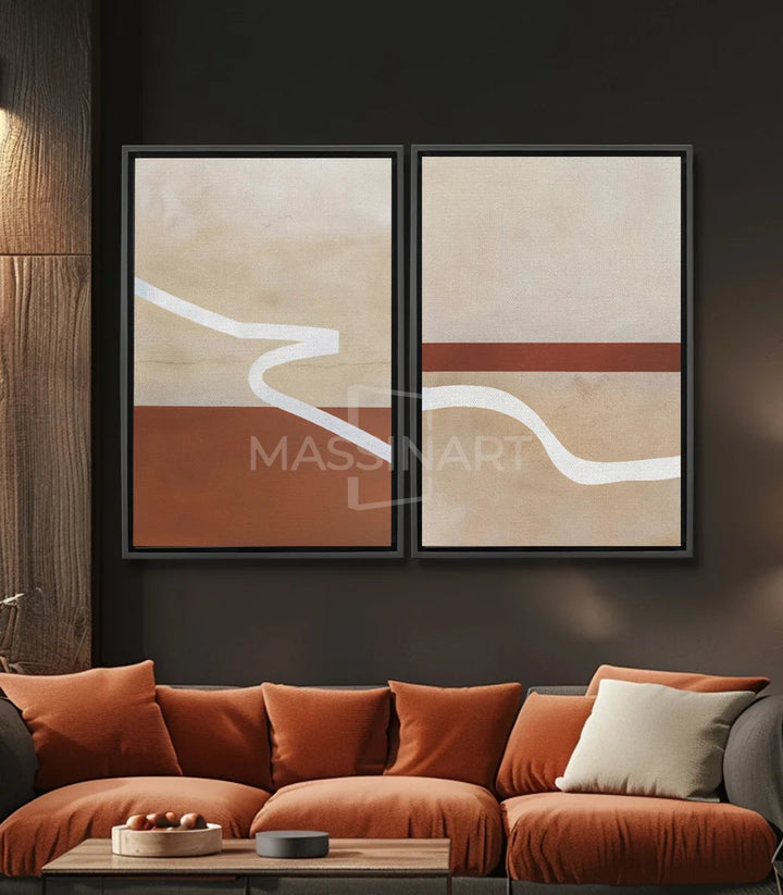 Tableau Flux diptyque abstrait minimaliste beige terracotta Massinart