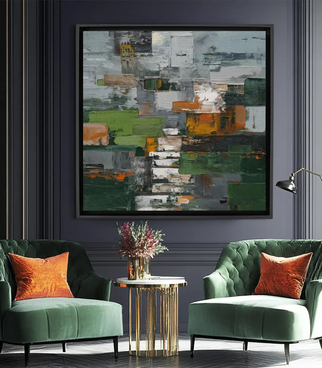 Tableau Forest Layers abstrait horizontal, couches géométriques vert orange gris blanc — Massinart