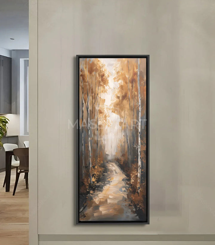 Tableau forêt automne Rustic Route — chemin forestier avec bouleaux dorés, Massinart